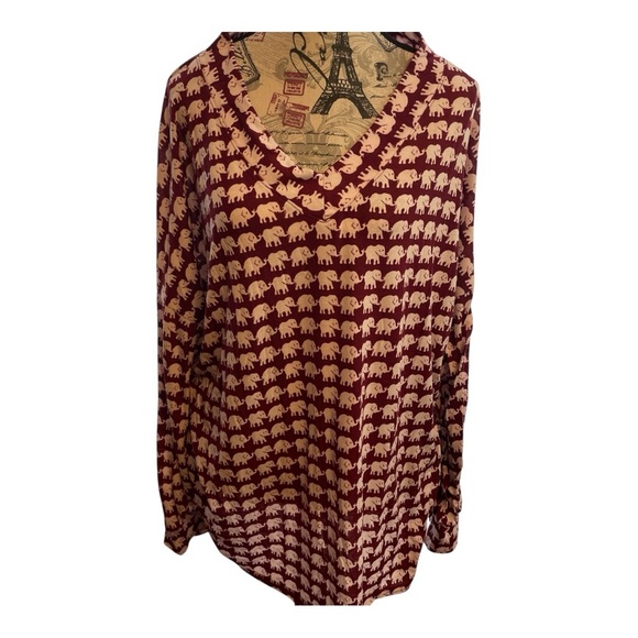 Tops - Burgundy Elephant Print V-Neck Blouse